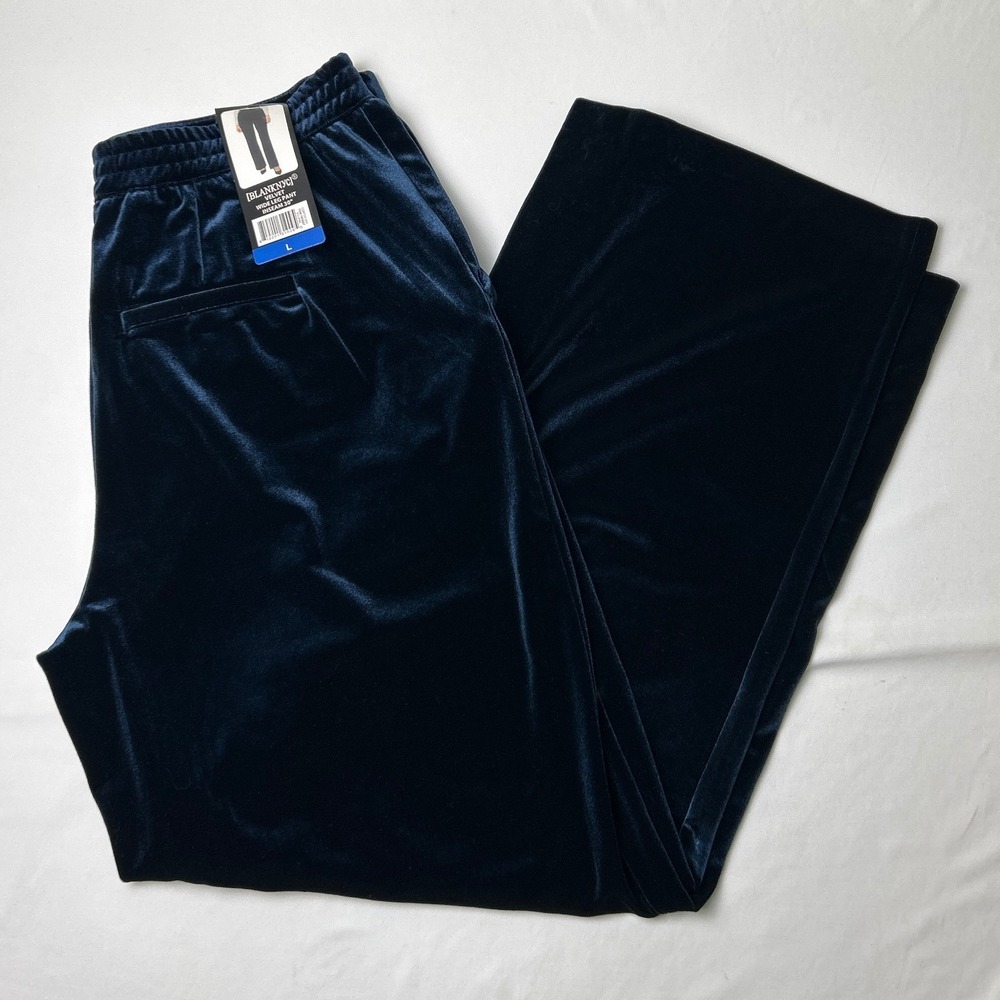 BlankNYC Womens Velvet Wide Leg Pant Size L Eclipse Blue Luxe Holiday Party NEW